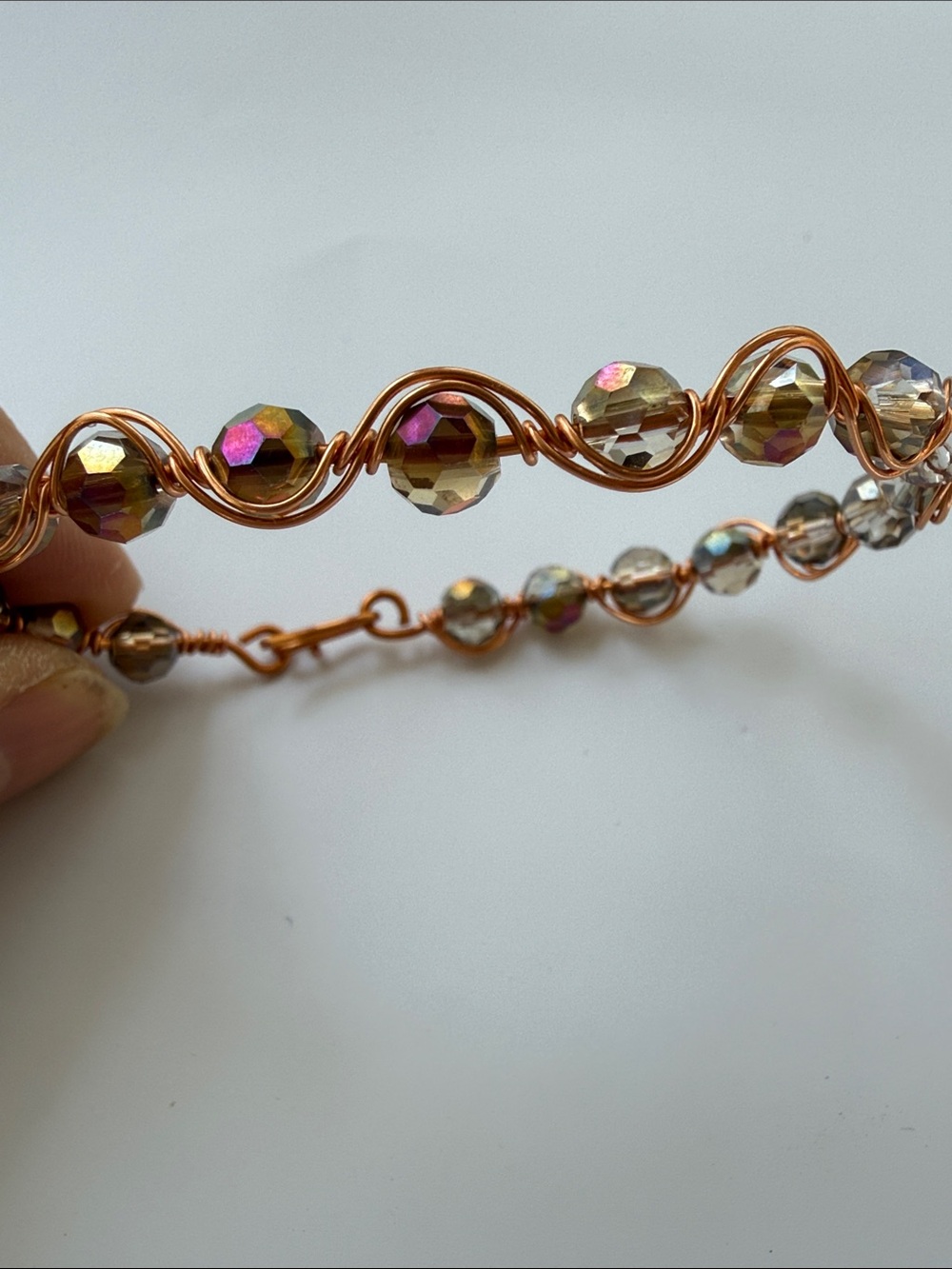 Artisan Handcrafted Copper Wire Bracelet with Purple Plum Iridescent Glass Beads